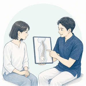 背骨の図を見ながら原因の説明を受けるイラスト