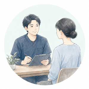 施術者が悩みや生活習慣を聞く問診のイラスト