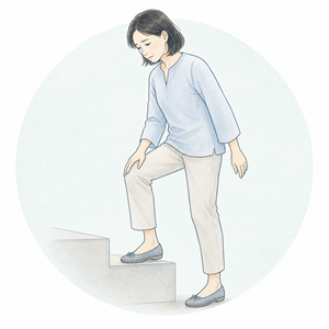 膝を気にしながら階段を上る人のイラスト